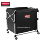 Rubbermaid commercial laundry cart with durable black fabric and stainless steel frame, mobility wheels, ideal for industrial and commercial hygiene solutions in Asia.