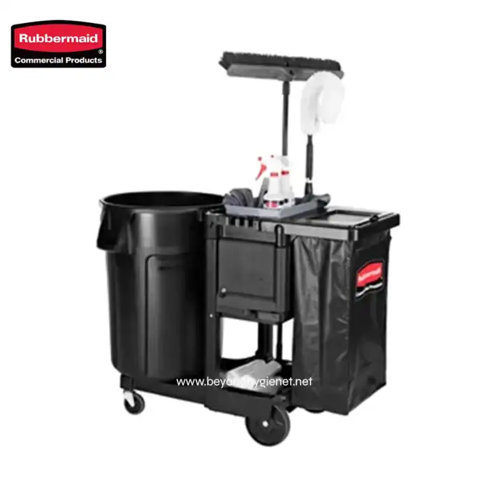 Rubbermaid janitorial cleaning cart with mop holder and storage compartments for commercial cleaning supplies. Perfect for professional cleaning services and janitorial staff.