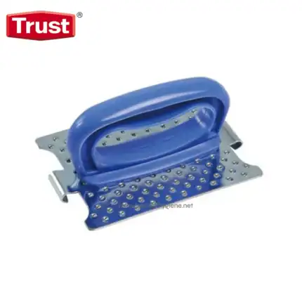 Blue handheld scrubbing brush with multiple small metal bristles for cleaning surfaces in industrial and commercial hygiene applications.
