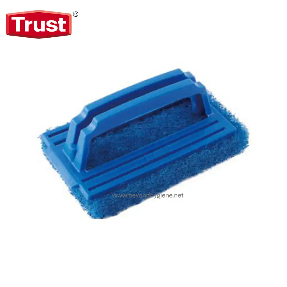 Blue cleaning scrub brush with handle for hygiene cleaning tasks.