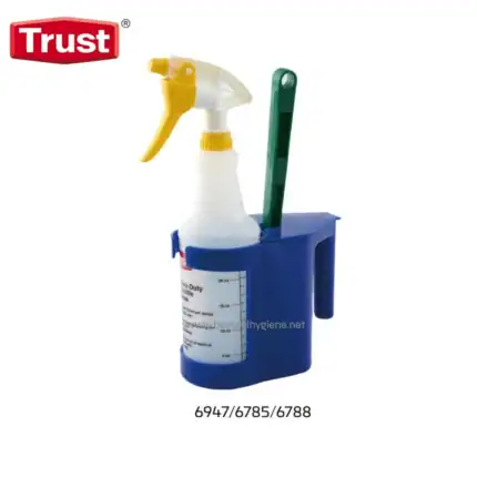 Hand sanitizer spray bottle holder with disinfectant spray, sanitizer gauge, and cleaning tools in a blue holder for hygiene and sanitation.