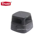 Retractable step stool for hygiene and sanitation facilities, durable plastic, black color, compact design, suitable for commercial and industrial cleaning environments.