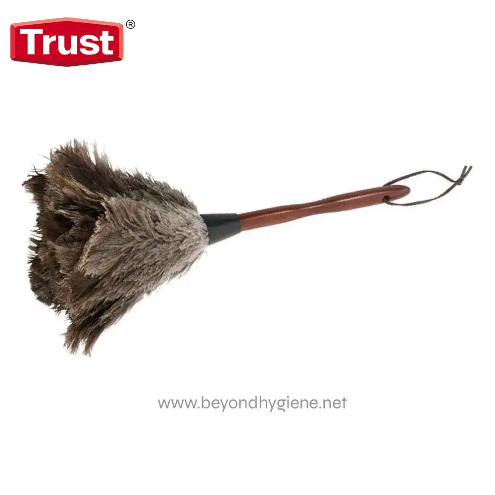 Cleaning tool with furry dust head and long handle for sanitation and hygiene cleaning.