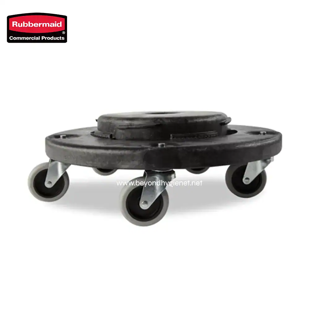 7 Rubbermaid industrial caster wheel for commercial cleaning equipment, durable black rubber with swiveling gray metal mounting plates.