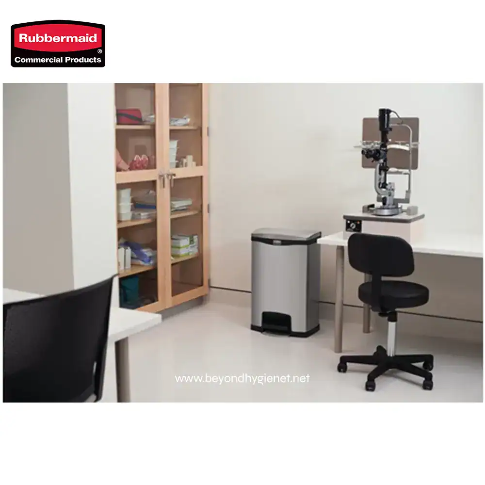 7 Rubbermaid commercial cleaning equipment in a professional medical office setting.