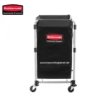 Rubbermaid commercial laundry cart with wheels, durable black fabric, ideal for industrial cleaning, janitorial storage, and laundry services, featuring sturdy frame and convenient mobility.
