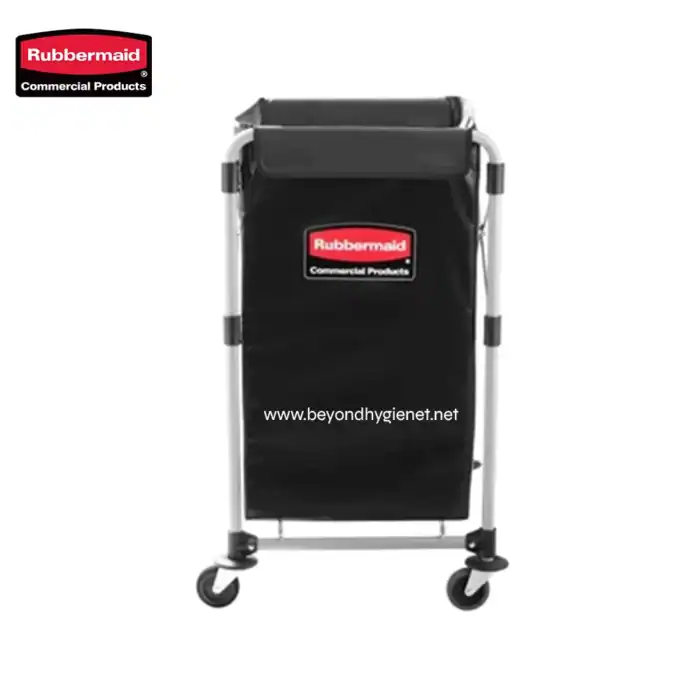 Rubbermaid commercial laundry cart with wheels, durable black fabric, ideal for industrial cleaning, janitorial storage, and laundry services, featuring sturdy frame and convenient mobility.