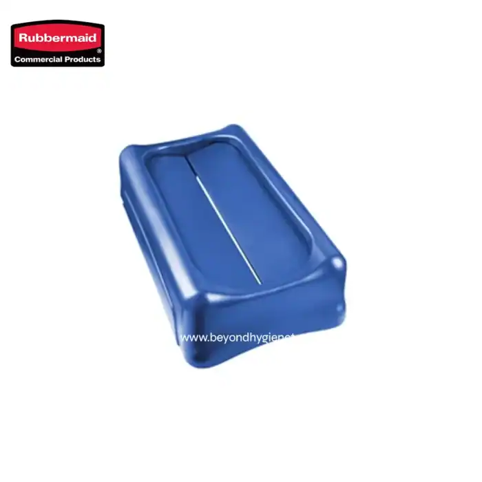 Rubbermaid commercial soap dish, blue plastic soap holder for hygiene maintenance, ideal for restrooms and commercial spaces.