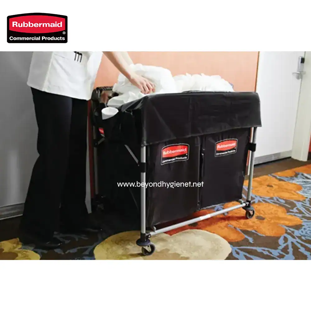 7 Rubbermaid commercial cleaning cart with cleaning supplies and linens, used for efficient sanitation in healthcare and hospitality settings.