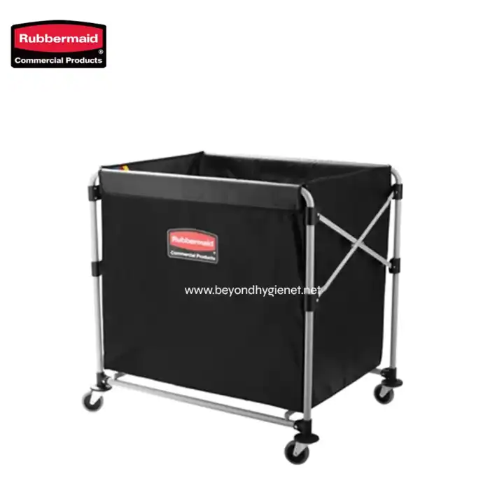 Rubbermaid commercial laundry bin on a rolling cart, used for efficient laundry sanitation and organization in commercial settings. Heavy-duty design with durable materials for hygiene-focused environments.
