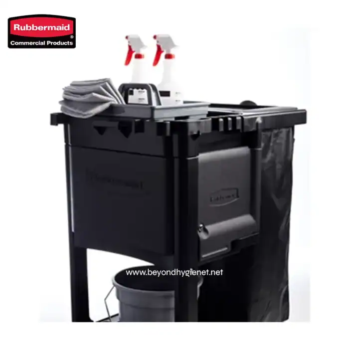 Rubbermaid commercial cleaning cart with spray bottles, microfiber cloths, and cleaning supplies for hygiene and sanitation.