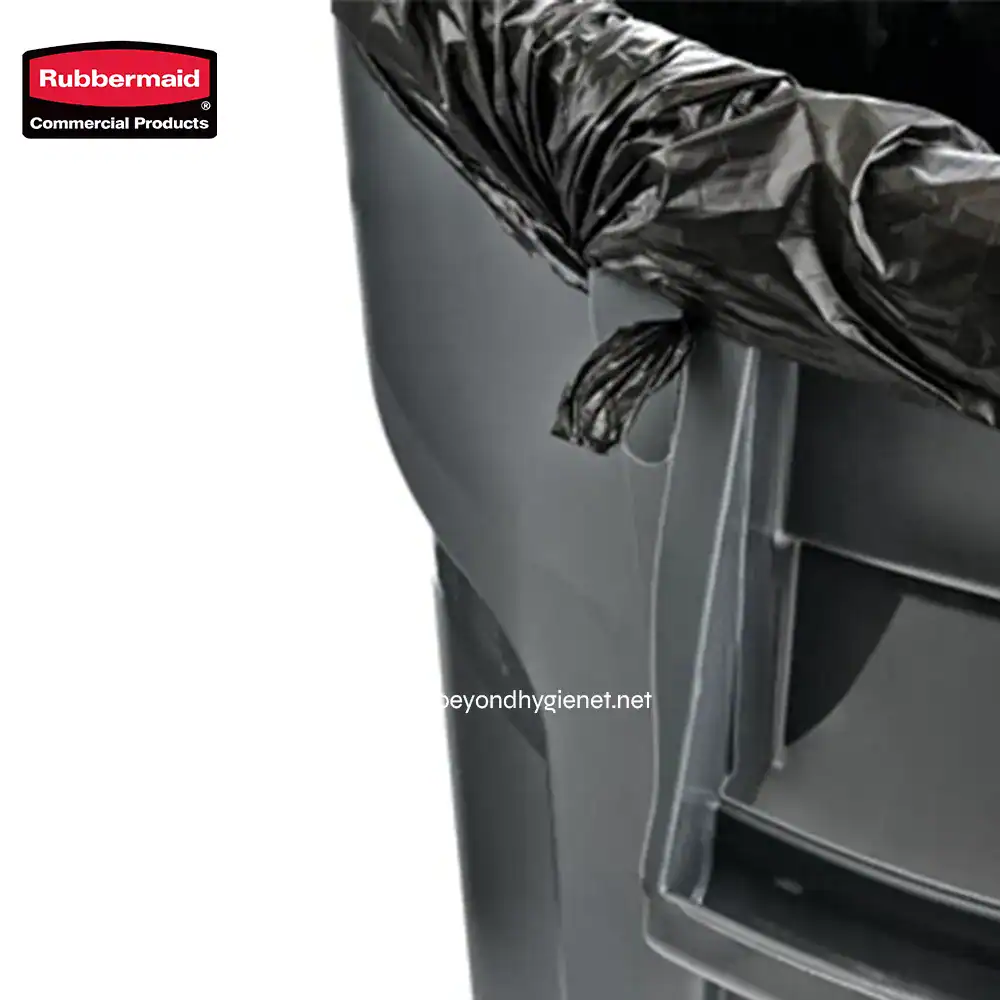 7 Rubbermaid commercial products waste management trash bin with black liner for hygiene and sanitation.