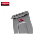 Rubbermaid commercial trash bin in grey, durable waste receptacle for commercial spaces, providing efficient waste disposal solutions, suitable for offices, kitchens, and industrial settings.