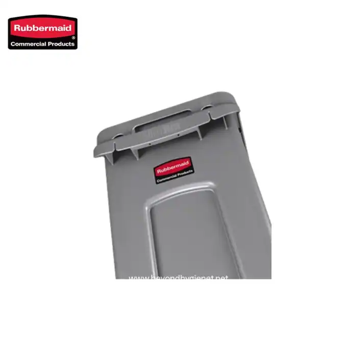 Rubbermaid commercial trash bin in grey, durable waste receptacle for commercial spaces, providing efficient waste disposal solutions, suitable for offices, kitchens, and industrial settings.