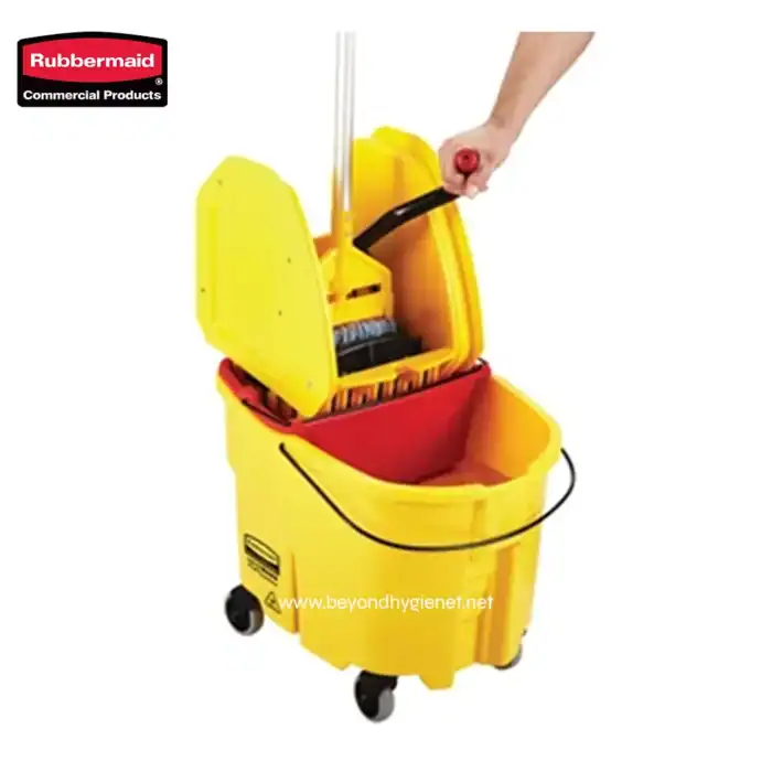 Rubbermaid commercial cleaning mop bucket with wringer and wheels for efficient janitorial and sanitation tasks.