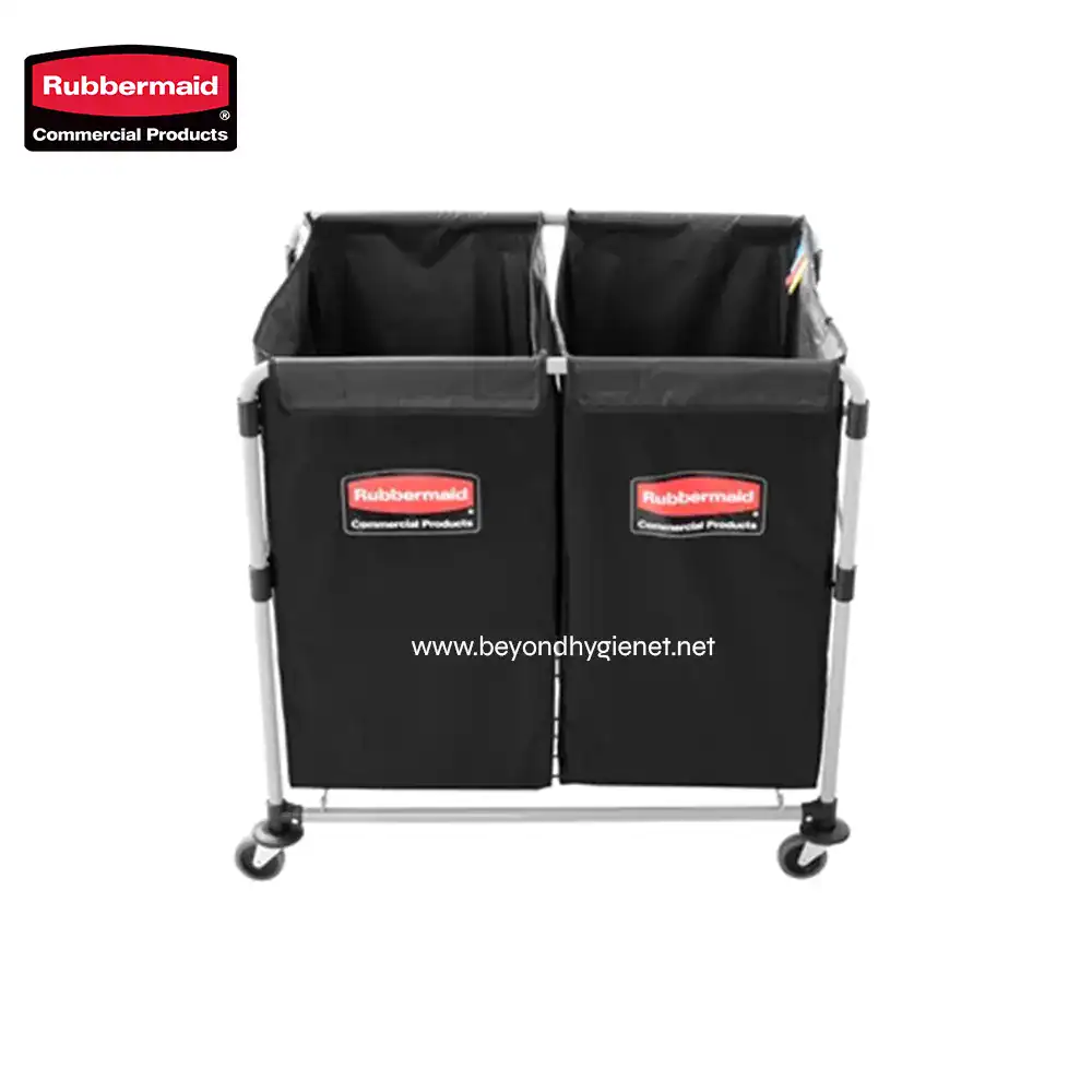 8 Rubbermaid commercial cleaning cart, dual-compartment linen and trash utility cart, black fabric, mobile with wheels, used for janitorial and facility cleaning services.