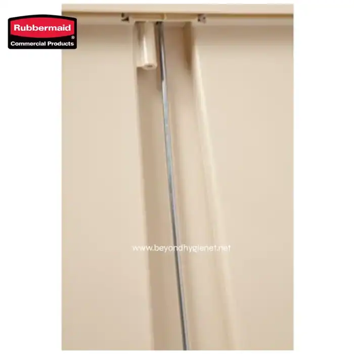 Stainless steel door latch bar with rubber bumper, used for commercial bathroom and hygiene facilities, enhancing safety and durability.