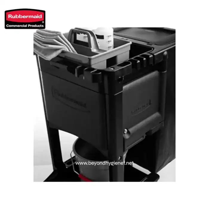 Rubbermaid commercial cleaning cart with equipment and supplies for professional janitorial services.