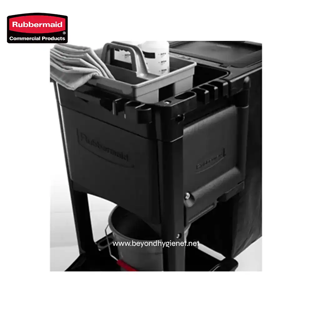 8 Rubbermaid commercial cleaning cart with equipment and supplies for professional janitorial services.