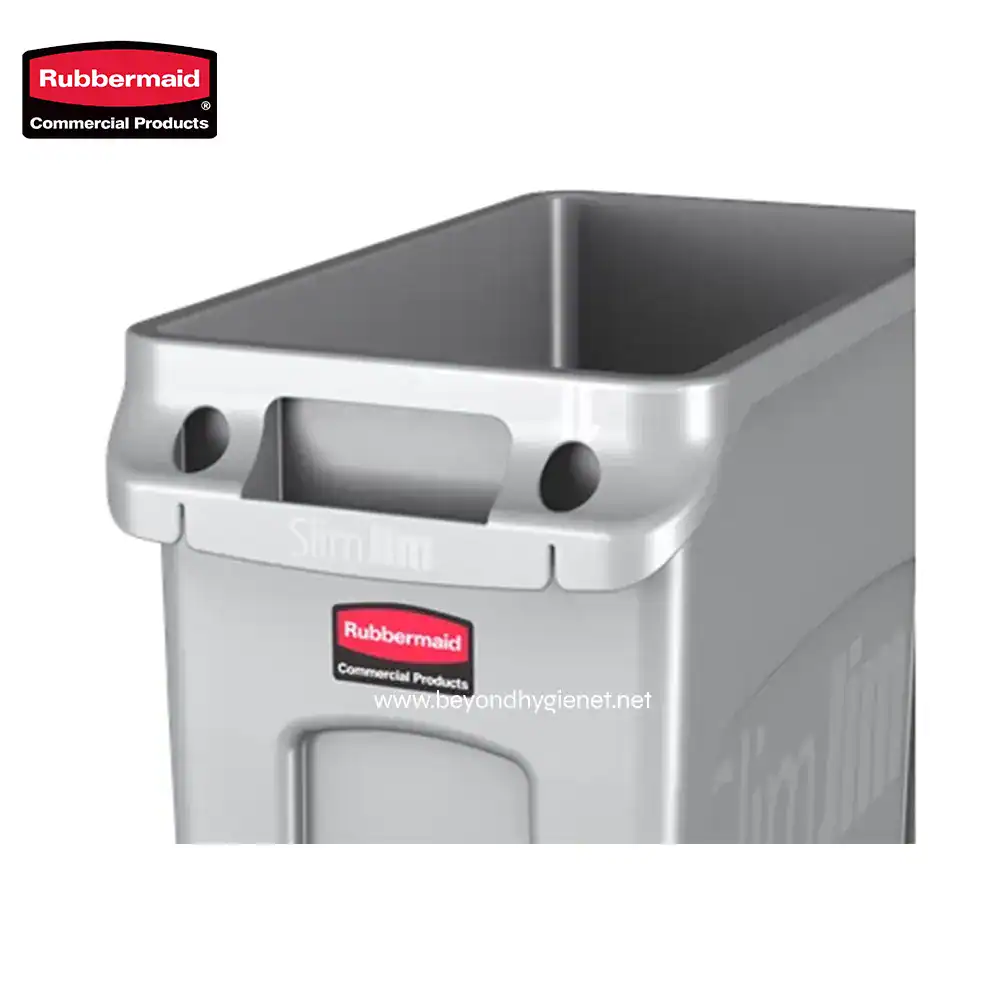 8 Rubbermaid commercial trash bin, durable stainless steel waste container for office or industrial use.