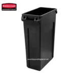 Trash bin for hygiene and waste management, ideal for commercial and public spaces, durable black plastic container.