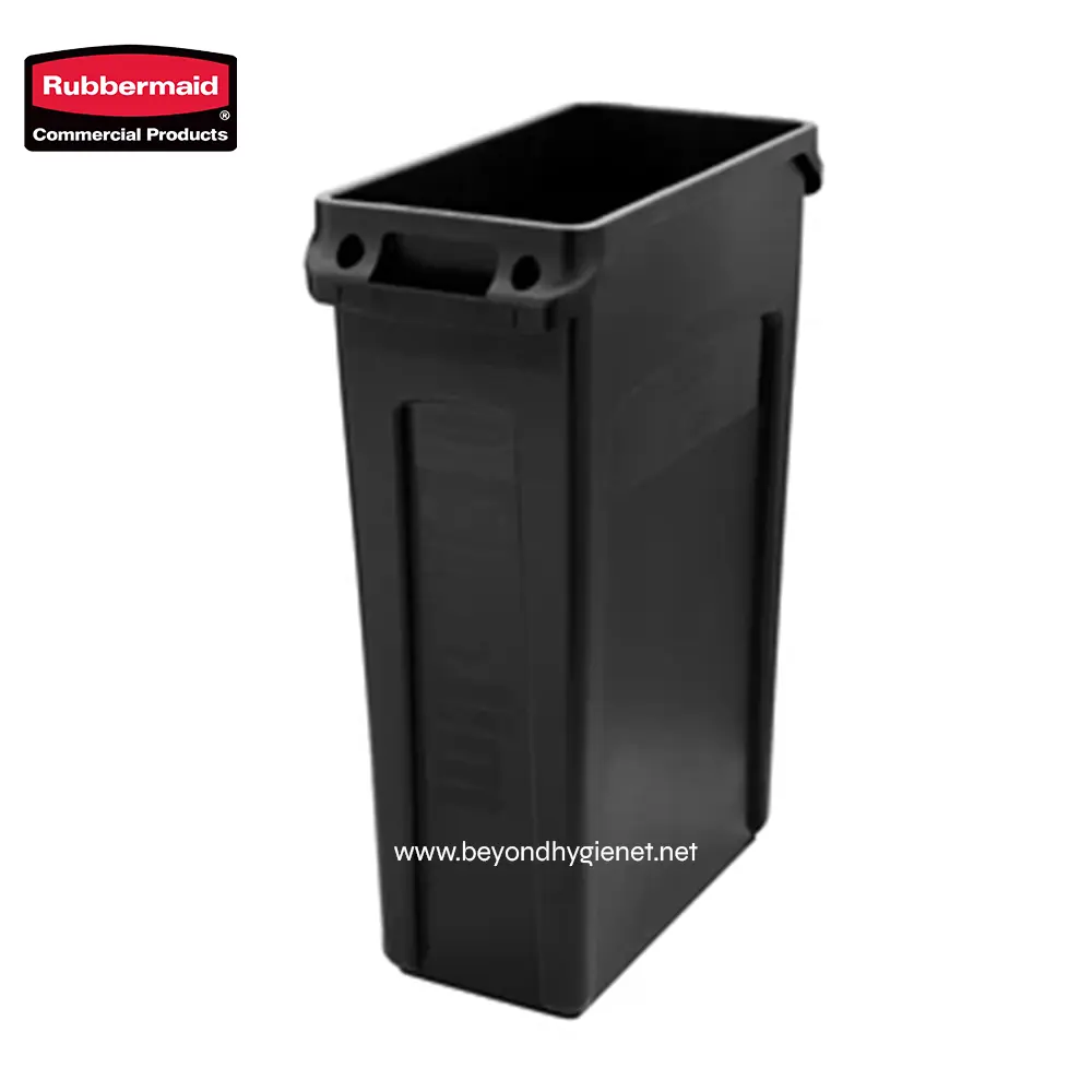 8 Trash bin for hygiene and waste management, ideal for commercial and public spaces, durable black plastic container.