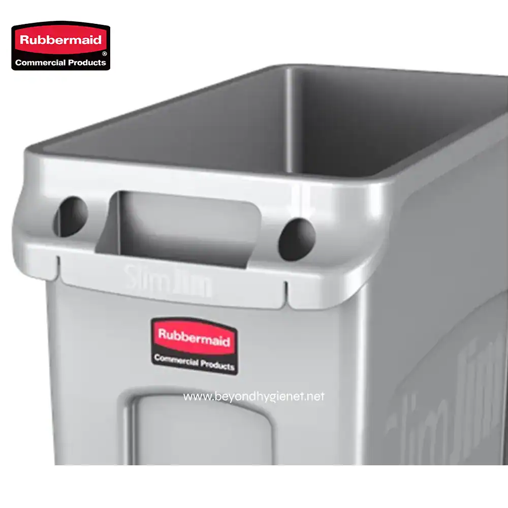 8 Rubbermaid commercial trash bin with sleek stainless steel design, durable and hygienic waste disposal solution suitable for commercial and industrial cleaning environments.