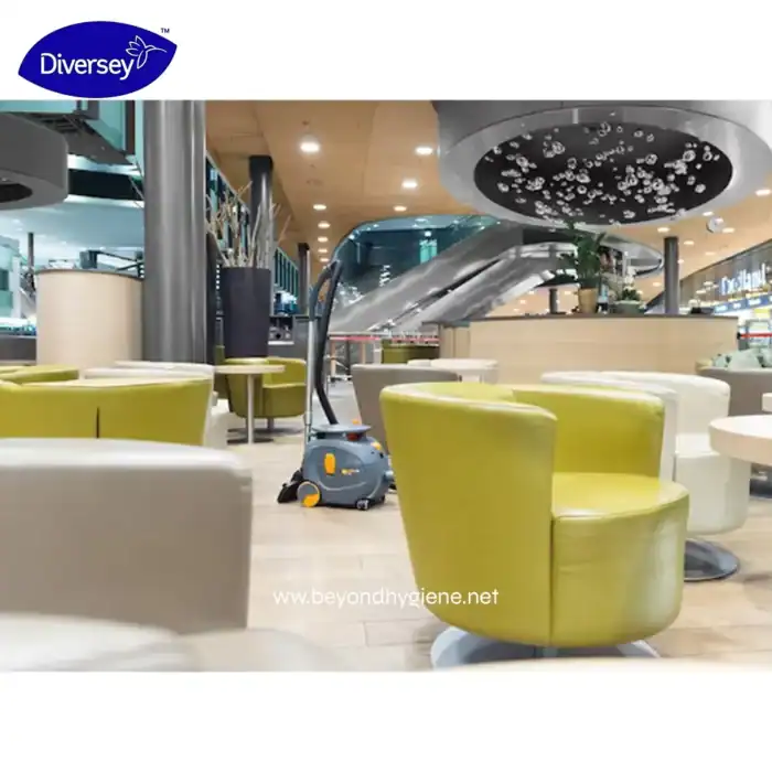 Professional cleaning equipment in a modern airport lounge, showcasing Beyond Hygiene Asia’s commercial cleaning services, emphasizing cleanliness and sanitation in public spaces.
