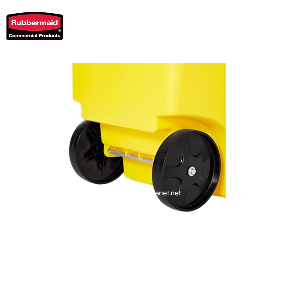 8 Rubbermaid commercial cleaning cart with yellow bin and black wheels, ideal for janitorial and hygiene supply storage. Durable, mobile, efficient cleaning equipment for commercial spaces.