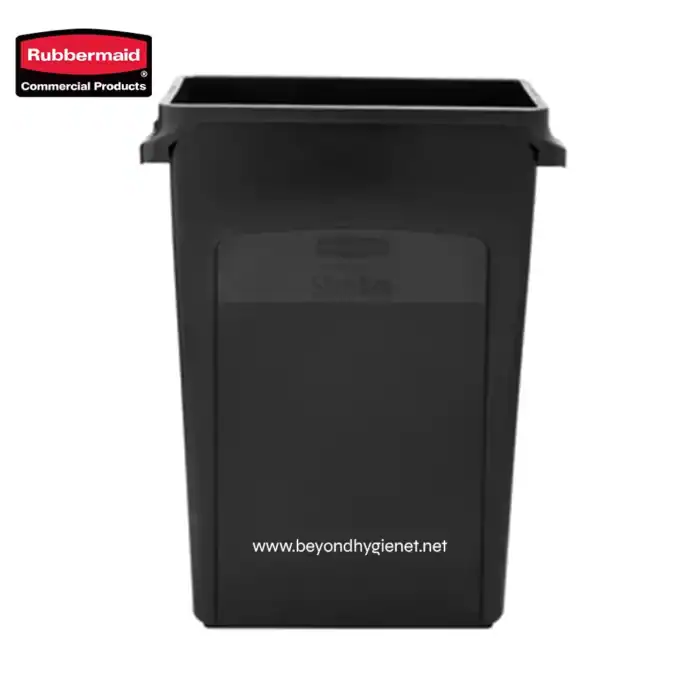 Rubbermaid commercial trash bin for waste disposal in public and office spaces.