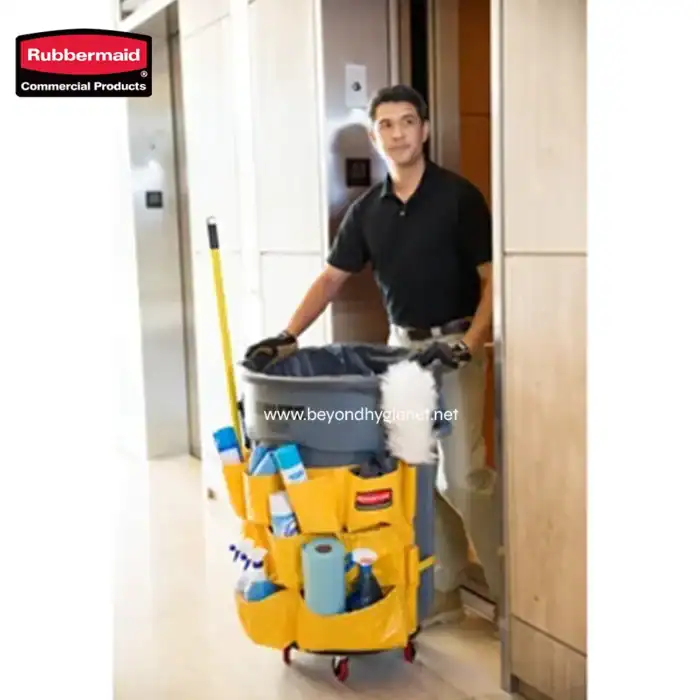 Professional cleaning staff with janitorial cart in a commercial building environment cleaning and disinfecting services for hygiene and sanitation in Asia.