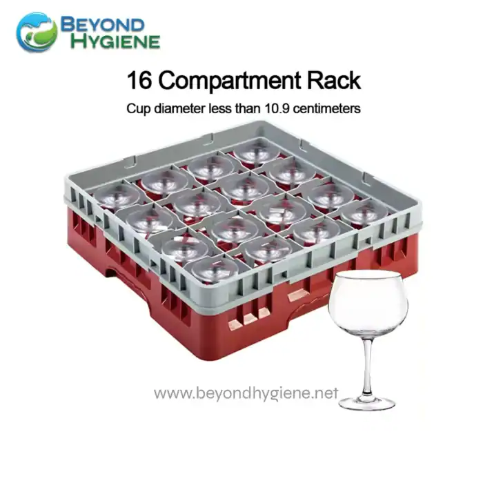 16 compartment rack for glassware storage, suitable for hygienic environments, with cups less than 10.9 cm diameter, ideal for commercial and industrial cleaning.