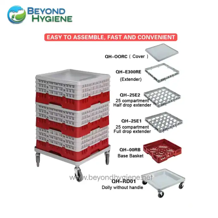 Rack and tray system for hospital hygiene and sterilization, featuring modular components like covers, extenders, and baskets for efficient medical sterilizer organization.