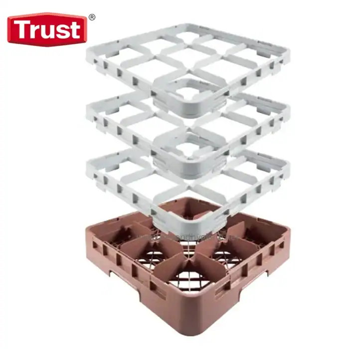 Trust brand dish rack components with white and brown plastic layers for durable and organized kitchen storage solutions.