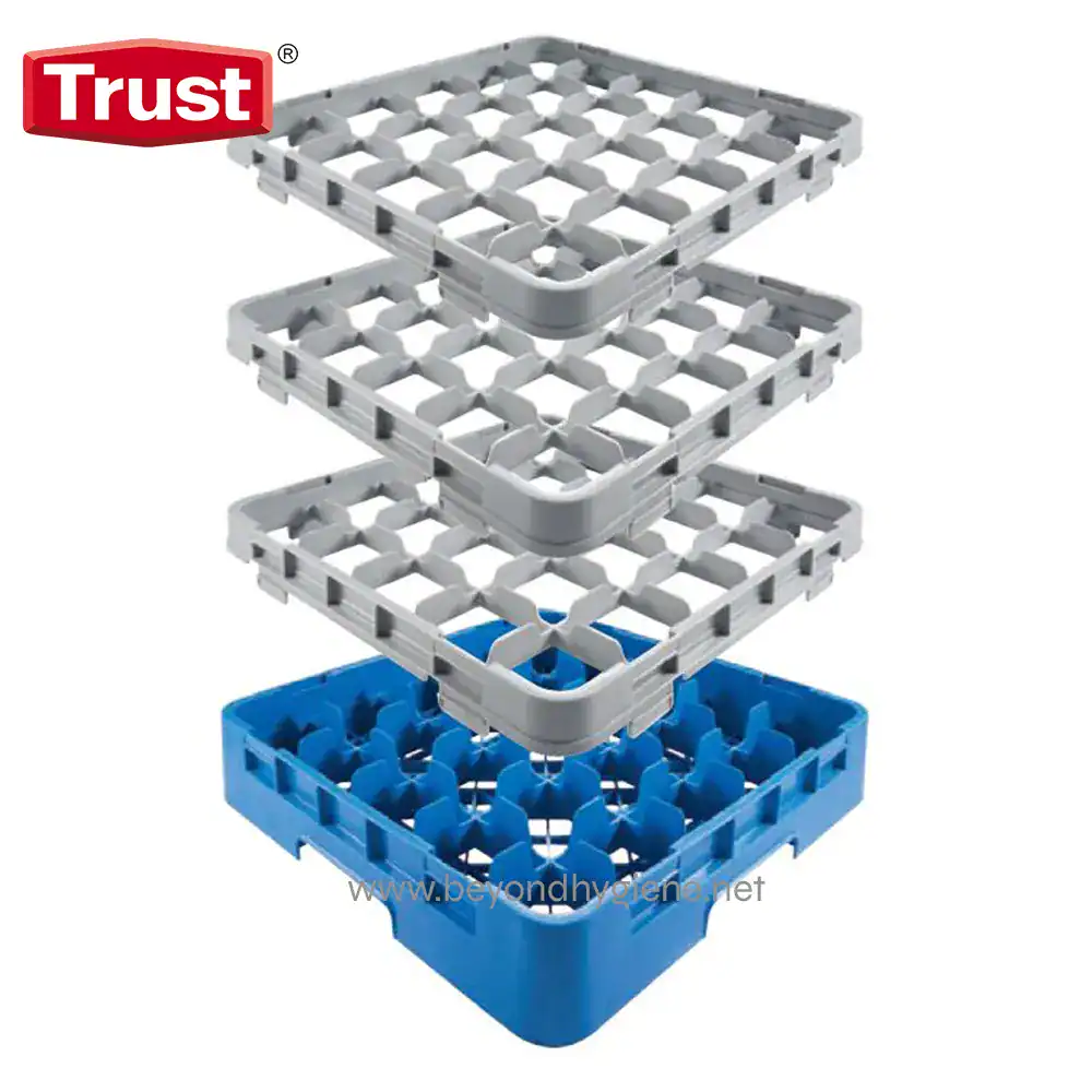 9250 Trust hygiene rack system for dish drying and storage, durable plastic construction, multi-layer design, essential for commercial kitchens and food hygiene compliance. trust hygiene rack system for dish drying and storage, durable plastic construction, multi-layer design, essential for commercial kitchens and food hygiene compliance. Image shows a multi-layer plastic dish rack system with blue and white trays, ideal for efficient dish organization and sanitation in professional foodservice environments. Relevant for commercial kitchen hygiene and dishware organization solutions.