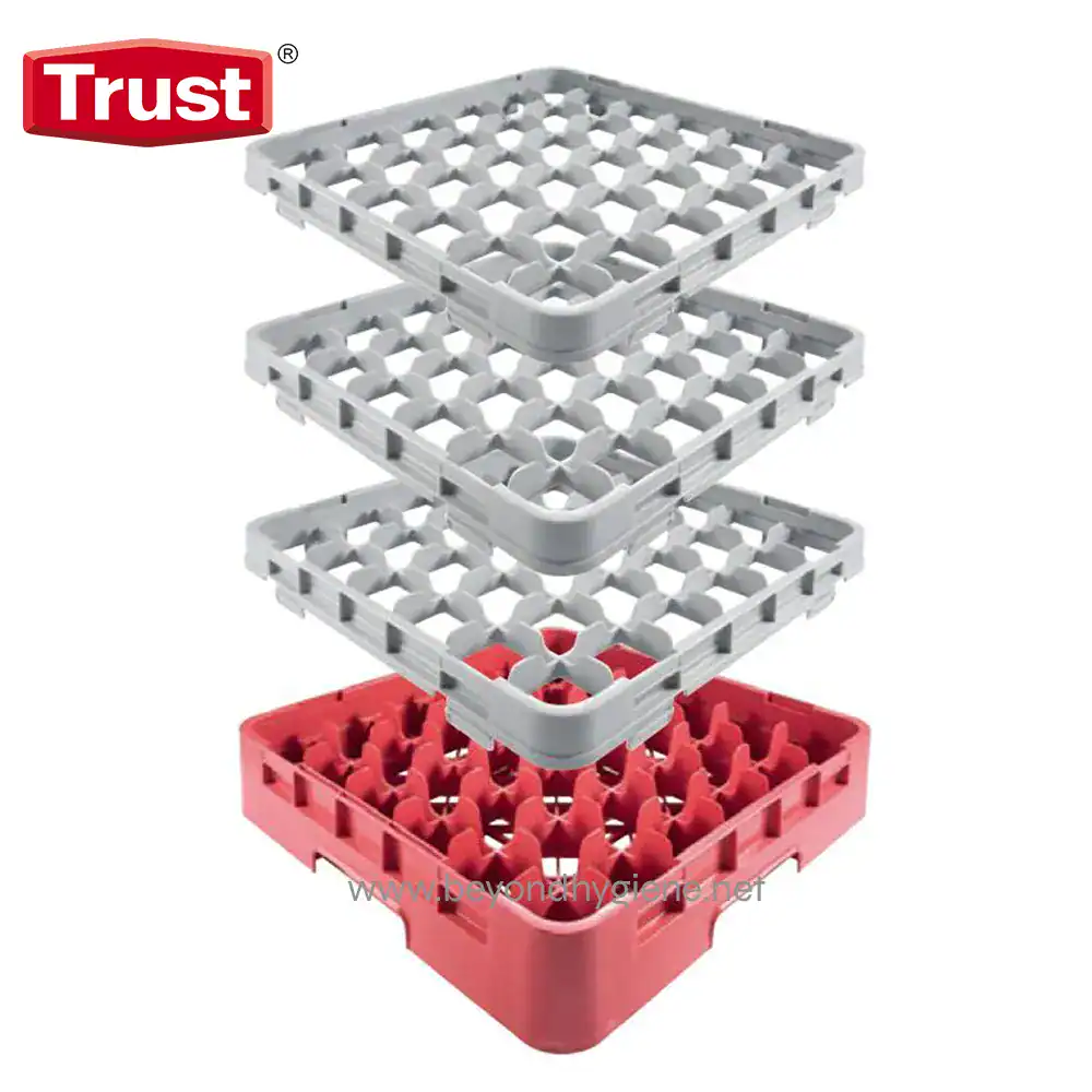 9360 Support trays for dish drying racks, stackable, multi-tier, white and red plastic, for efficient kitchen organization and hygiene.