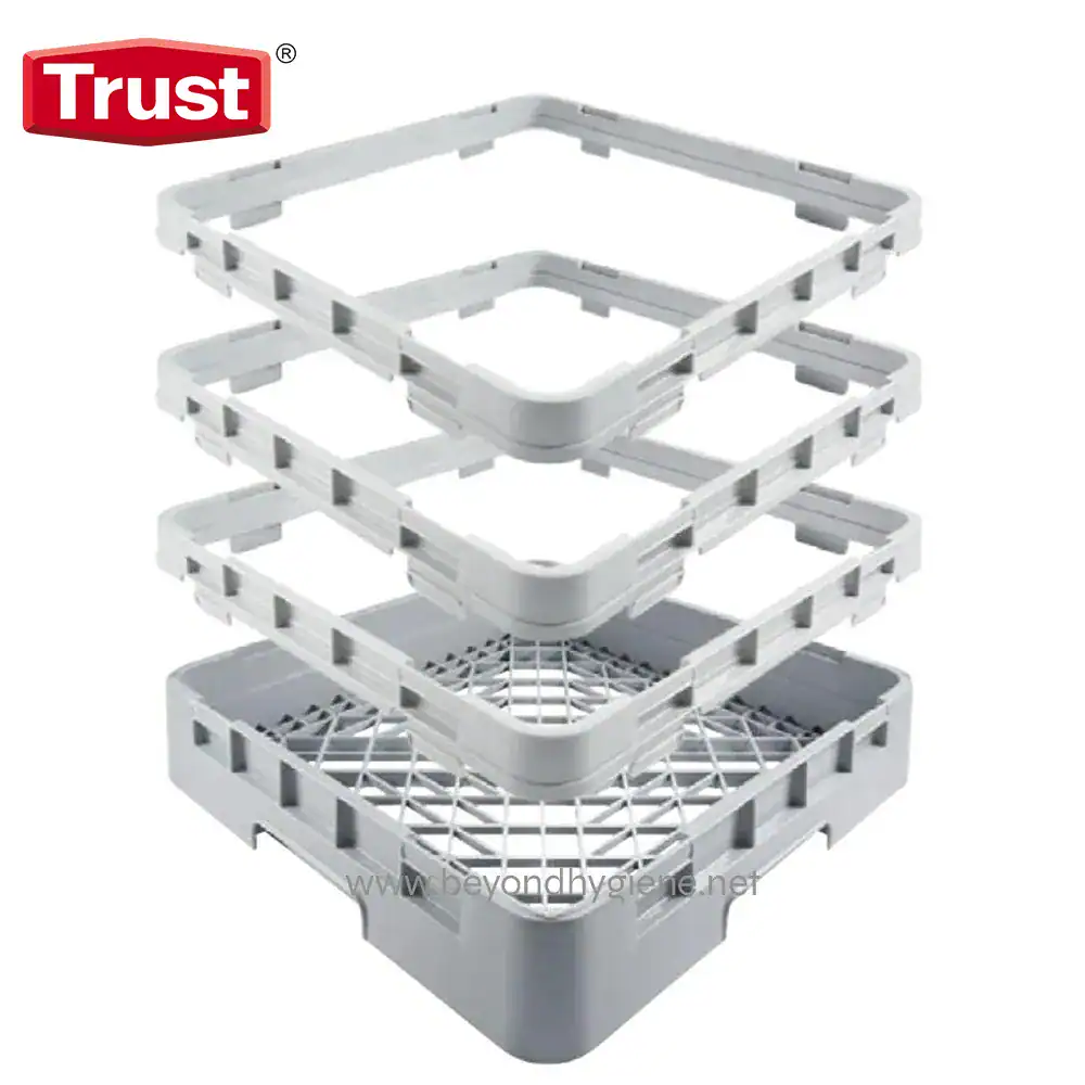 9600 Disposable dish rack for hygienic kitchen storage, stackable white plastic trays with drainage grid, ideal for commercial and home food service, part of Beyond Hygiene Asia product range.