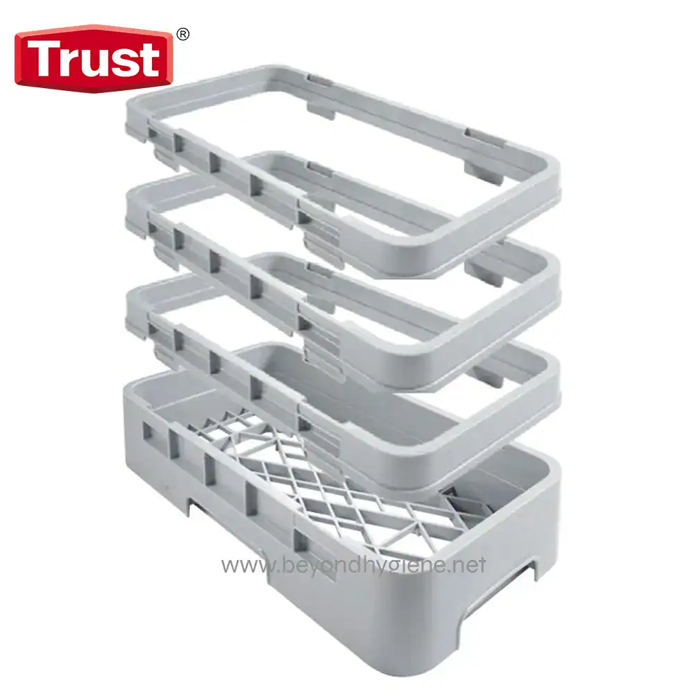 Hygiene rack organizer set with multiple tiers for sanitary storage, ideal for hospital or commercial disinfectant packaging.
