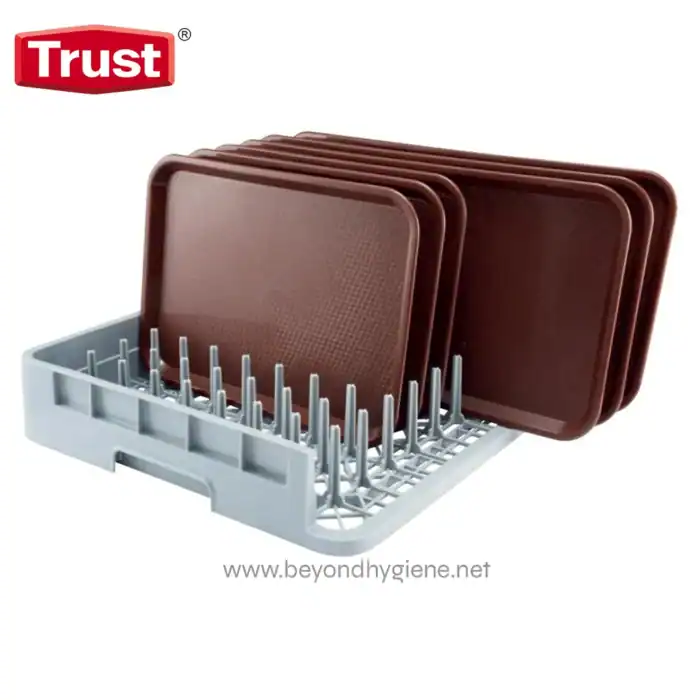 Disposable dish drying rack with brown trays, designed for commercial kitchen hygiene and efficiency. Perfect for drying dishes quickly and maintaining cleanliness in professional food service environments.