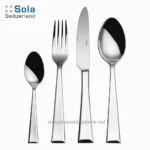 Sola Switzerland stainless steel cutlery set with fork, knife, teaspoon, and Tablespoon, showcasing sleek modern design for dining elegance.