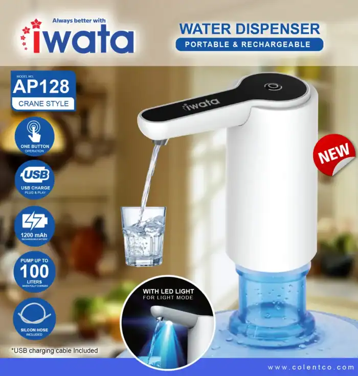 IWata portable rechargeable water dispenser with LED light, one-button operation, USB charging, 1200 mAh battery, and silicone hose, perfect for on-the-go hydration and hygiene.