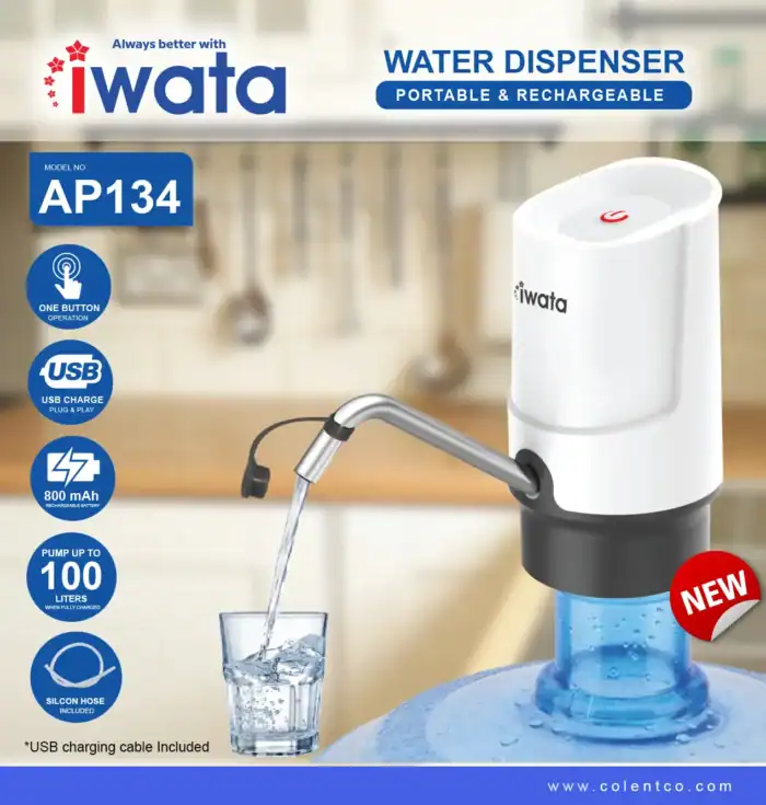 IWata portable water dispenser with rechargeable battery, USB charging, one-button operation, and silicone hose, ideal for hygienic water filtration in Asia.