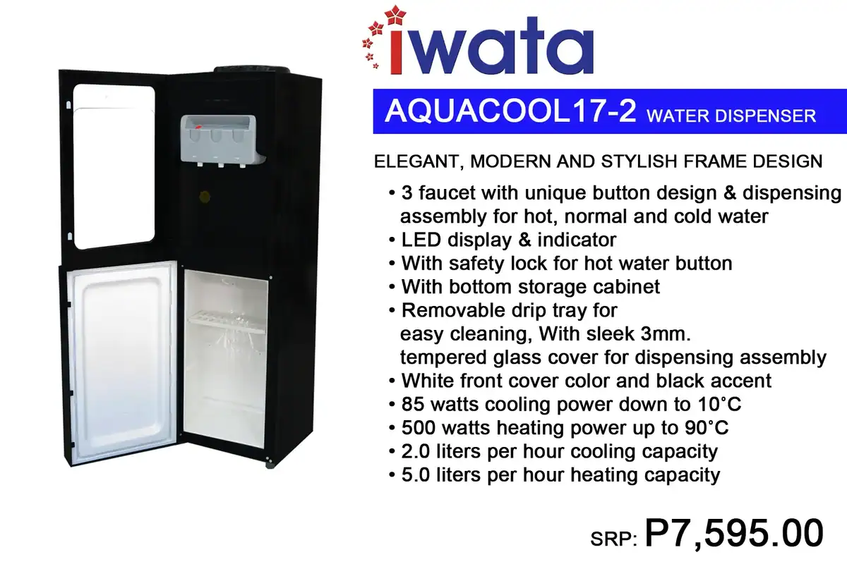 AQUACOOL17-2-1 Water dispenser with 3 faucets, LED display, safety lock, bottom storage, removable drip tray, and sleek tempered glass cover, ideal for modern office or public spaces.