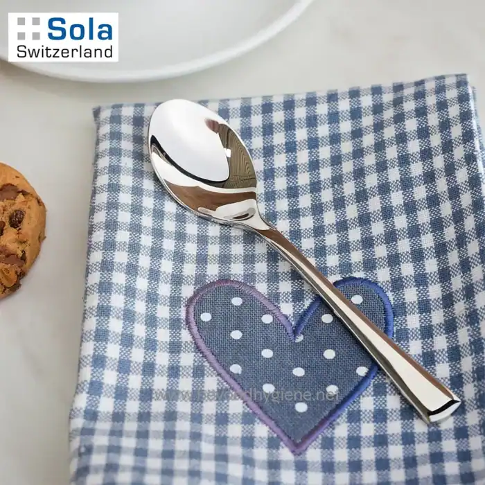 Stainless steel spoon resting on blue checkered cloth with embroidered heart, showcasing Beyond Hygiene Asia's focus on premium hygiene products and kitchen essentials.