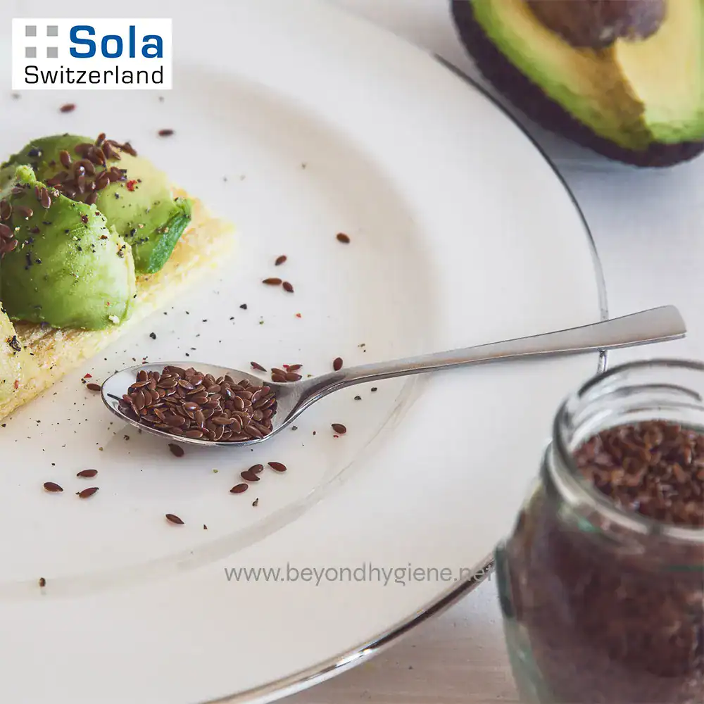 ATLANTIC 1810 Stainless Steel-4 Flax seeds on a spoon and a plate, healthy food ingredients, clean eating, nutritious meal, Beyond Hygiene Asia.