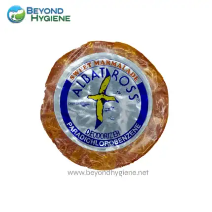 ALTERNATIVE TEXT: Bar of Albatross deodorizer soap with traditional chlorobenzene, from Beyond Hygiene Asia, used for sanitation and hygiene in Asian markets.