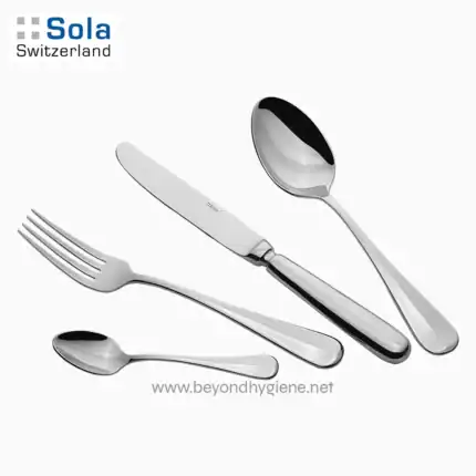 Stainless steel cutlery set with knife, fork, and spoons on white background, emphasizing hygiene and durability for restaurant or home use.