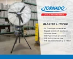 Tornado Blaster L-Tripod industrial fan displayed in warehouse setting, ideal for commercial and industrial air circulation, with adjustable height up to 185cm.