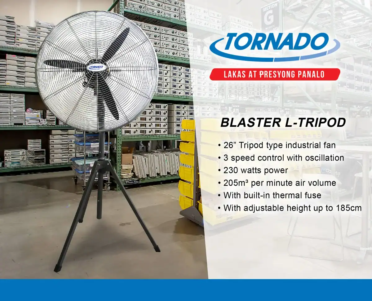 BLASTER-L-TRIPOD-no-price Tornado Blaster L-Tripod industrial fan displayed in warehouse setting, ideal for commercial and industrial air circulation, with adjustable height up to 185cm.