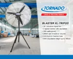 Industrial 30-inch Tornado blower fan in warehouse, used for ventilation and air circulation, with adjustable height and three-speed control for commercial and industrial spaces.